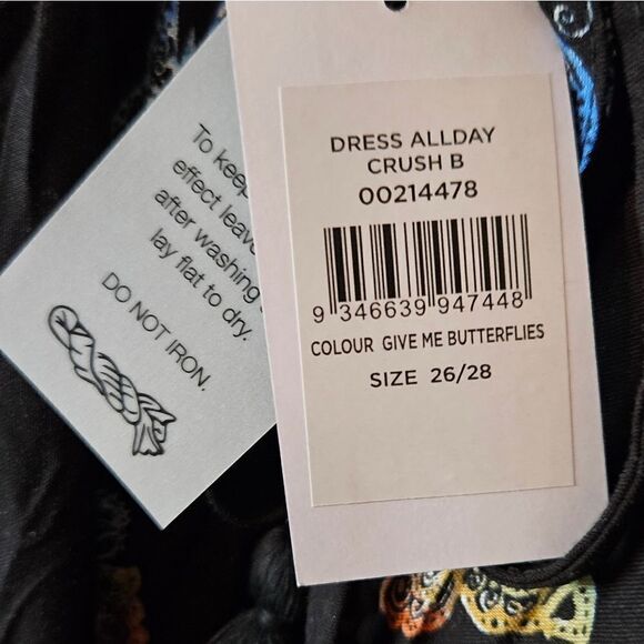 #214 EVANS multicolored butterflies on black Crinkle High-low Dress - Picture 8 of 9